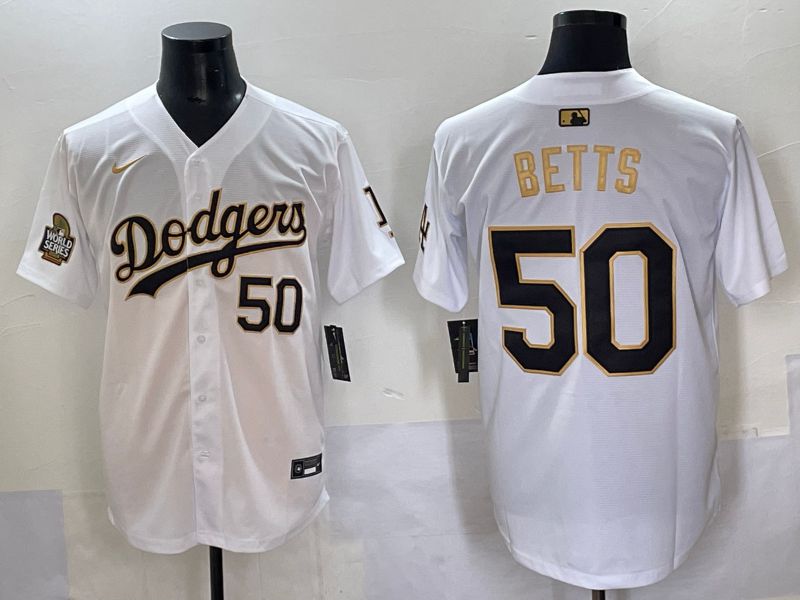 Men 2025 Los Angeles Dodgers 50 Betts White Gold Nike MLB Jersey style 6274